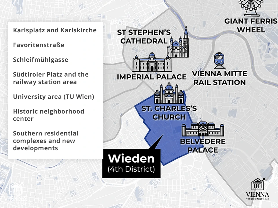 เขต 4 ของเวียนนาแสดงการแบ่งเขตพื้นที่