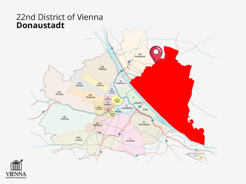Ika-22 distrito ng Vienna Donaustadt sa mapa
